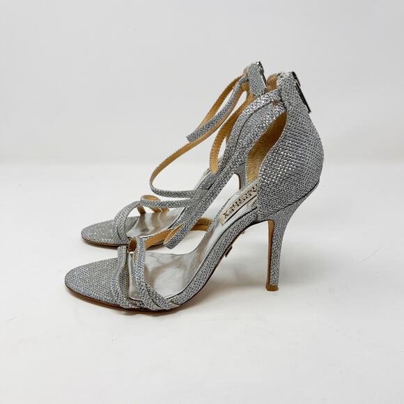 Badgley Mischka 5 Silver Glittery Landmark Strappy Zip Up Heels Sandals Dressy - Picture 3 of 16